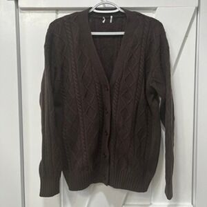 Sunday Best Womens Cardigan Sweater Brown Small Wool Cotton Cable Knit Academic
